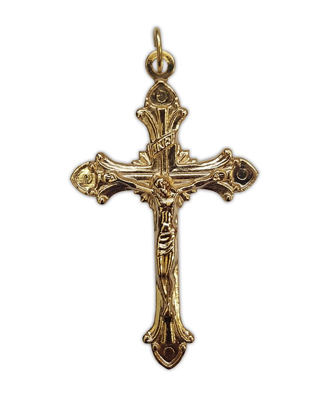 Crucifix: Gold 50mm - Crucifix Pendants - Pleroma Christian Supplies