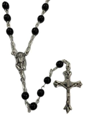 Rosary: Oval Pressed Beads on Silver Chain/Black