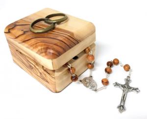 Rosary: Olive Wood Box & Rosary/Pewt Wedd Rings/Bronzed