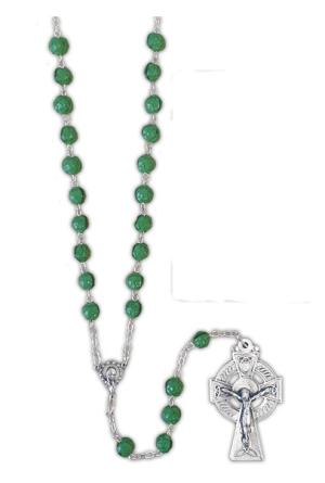 Rosary: Irish Rosary/Green Beads w Celtic Cross