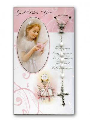 Card: First Holy Communion with White Rosary Girl