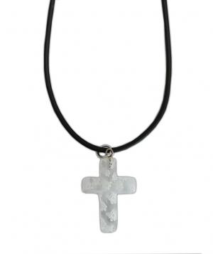 Necklace: Glass Cross on Cord - White