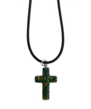 Necklace: Glass Cross on Cord - Green