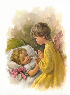 Print: Guardian Angel - Baby Girl with Pink Ribbon