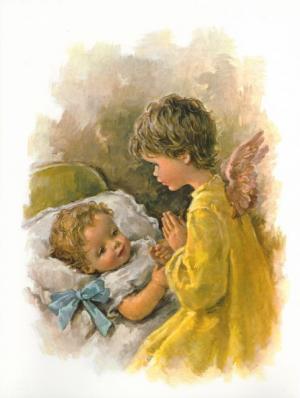 Print: Guardian Angel - Baby Boy with Blue Ribbon