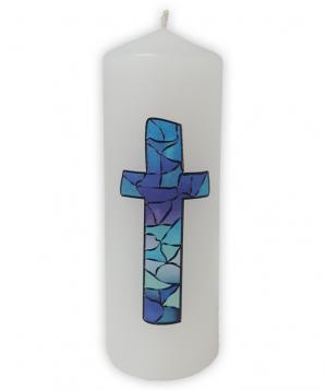 Candle: Blue Stained Glass Cross