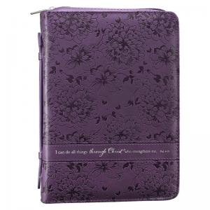 Bible Cover: Philippians 4:13 Purple Floral Medium