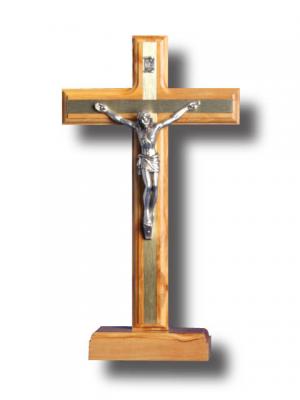 Crucifix: Standing Olive Wood Metal Inlay