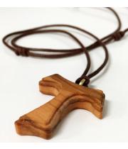 Necklace: Olive Wood Tau Cross on Cord (CRT2C)