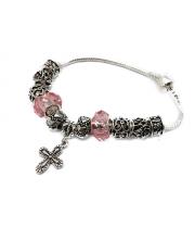 Bracelet: Silver Beaded with Cross - Pink (RB1849P)